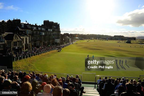 General View from grandstand on 18th green during the third round of the Senior Open presented by Rolex played at The Old Course on July 28, 2018 in...