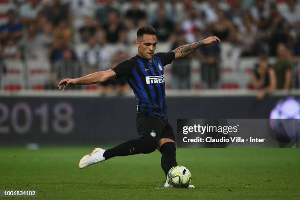 Lautaro Martínez of FC Internazionale makes a penalty kick during the International Champions Cup 2018 match between Chelsea and FC Internazionale...