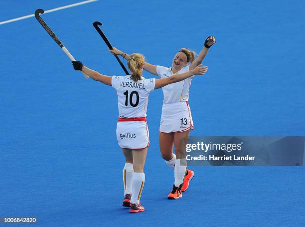 Louise Versavel of Belgium celebrates with teammate Alix Gerniers following their team's victory in the Pool D game between Japan and Belgium of the...