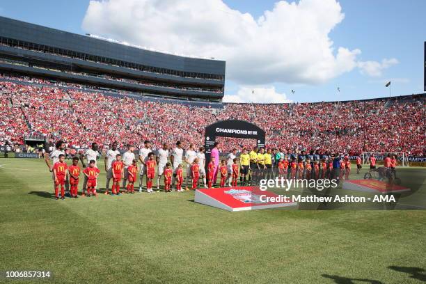 The two teams line up during the International Champions Cup 2018 match between Manchester Untied and Liverpool at Michigan Stadium on July 28, 2018...