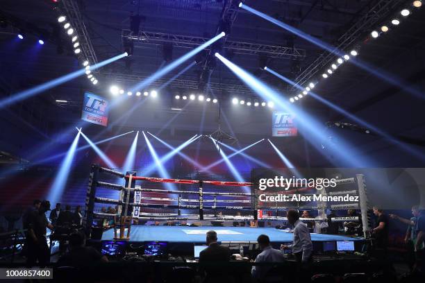 The ring is set up prior to the Christopher Diaz v Masayuki Ito ESPN boxing match at the Kissimmee Civic Center on July 28, 2018 in Kissimmee,...