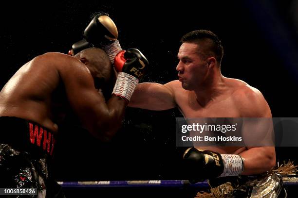 Joseph Parker punches Dillian Whyte during the Heavyweight fight between Dillian Whyte and Joseph Parker at The O2 Arena on July 28, 2018 in London,...