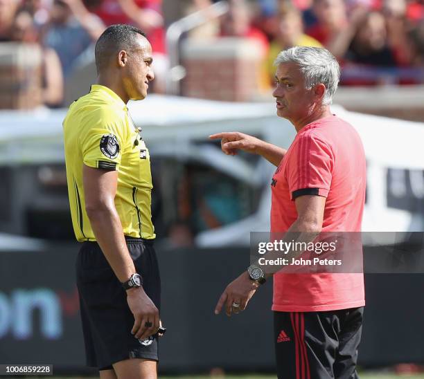 Manager Jose Mourinho of Manchester United speaks to Referee Ismail Etfath at half time of the pre-season friendly match between Manchester United...