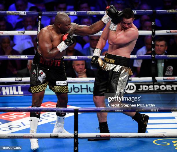 London , United Kingdom - 28 July 2018; Dillian Whyte, left, and Joseph Parker during their Heavyweight contest at The O2 Arena in London, England.