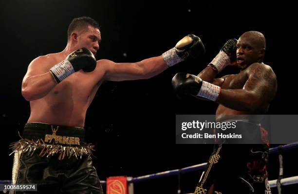 Dillian Whyte dodges a punch from Joseph Parker during the Heavyweight fight between Dillian Whyte and Joseph Parker at The O2 Arena on July 28, 2018...