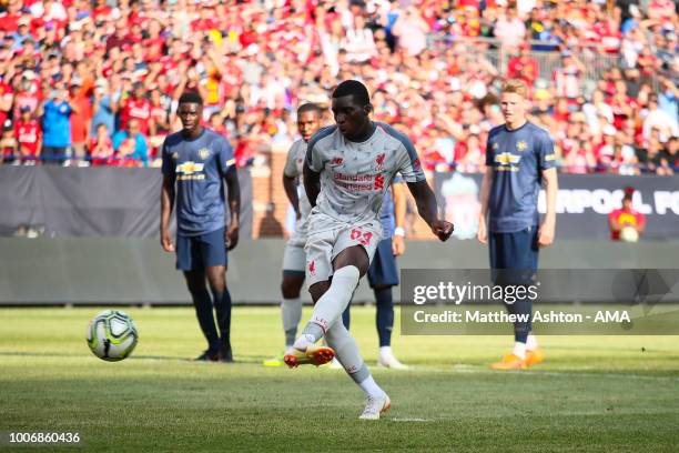 Sheyi Ojo of Liverpool scores a goal to make it 1-3 during the International Champions Cup 2018 match between Manchester Untied and Liverpool at...