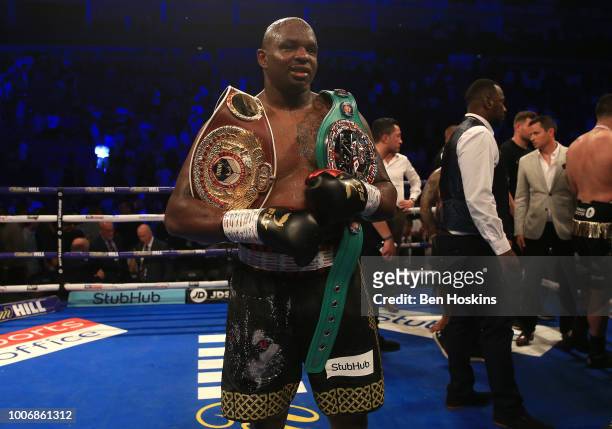 Dillian Whyte celebrates victory over Joseph Parker after the Heavyweight fight between Dillian Whyte and Joseph Parker at The O2 Arena on July 28,...