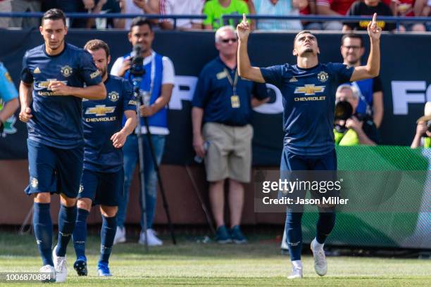 Andreas Pereira of Manchester United celebrates after scoring against the Liverpool during first half of the International Champions Cup 2018 at...
