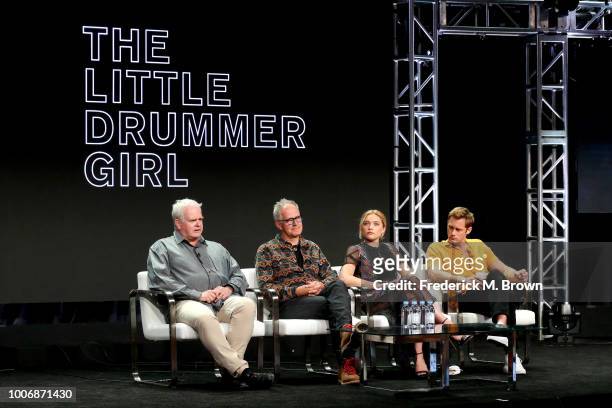 Executive Producers Simon Cornwell and Stephen Cornwell, and Actors Florence Pugh and Alexander Skarsgard of 'The Little Drummer Girl' speak onstage...