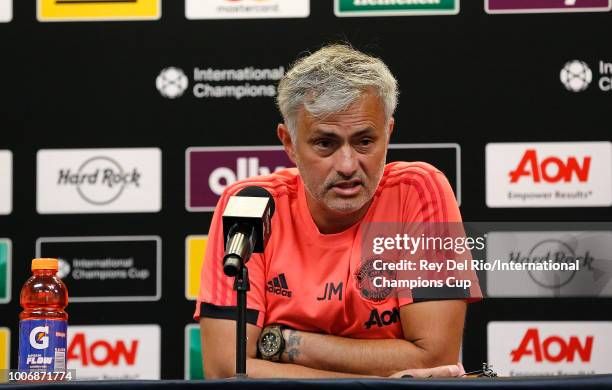 Manager José Mourinho of Manchester United speaks with the media after a 4-1 loss to Liverpool during the International Champions Cup 2018 match at...