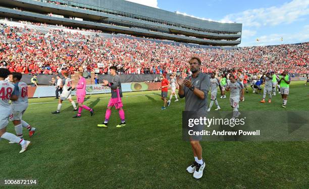 Jurgen Klopp manager of Liverpool shows his appreciation to the fans at the end of the International Champions Cup 2018 match between Manchester...