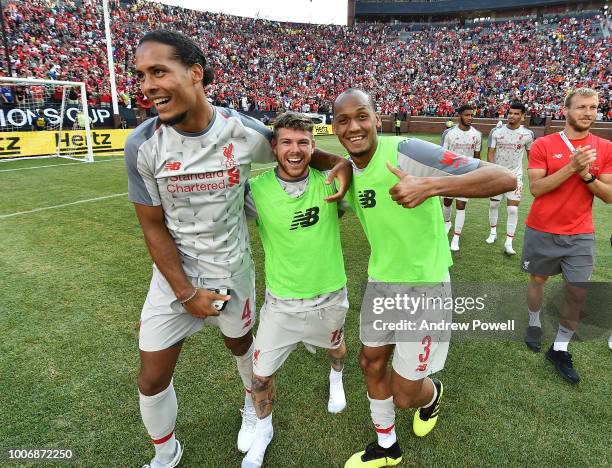 Alberto Moreno, Virgil van Dijk and Fabinho of Liverpool posing for a photograph at the end of the International Champions Cup 2018 match between...