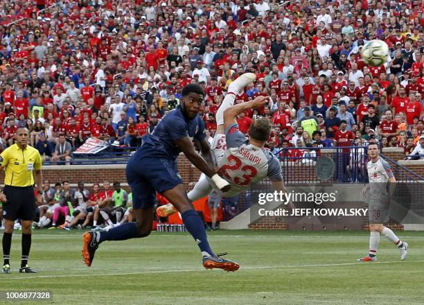 Liverpool FC Sheridan Shaqiri shoots and scores during the second half of the 2018 International Champions Cup football match against Manchester...
