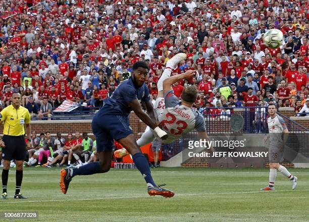 Liverpool FC Sheridan Shaqiri shoots and scores during the second half of the 2018 International Champions Cup football match against Manchester...