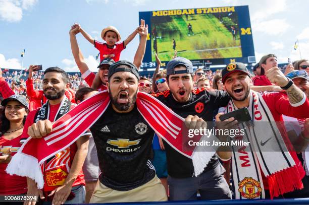 Manchester United fans celebrate prior to the game Manchester United and Liverpool in the the International Champions Cup 2018 at Michigan Stadium on...