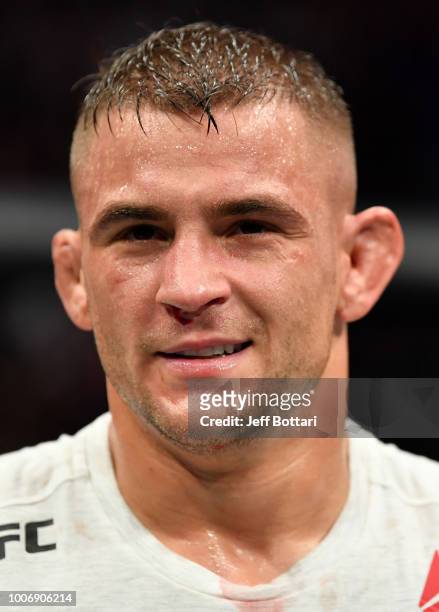 Dustin Poirier celebrates after his TKO victory over Eddie Alvarez in their lightweight bout during the UFC Fight Night event at Scotiabank...