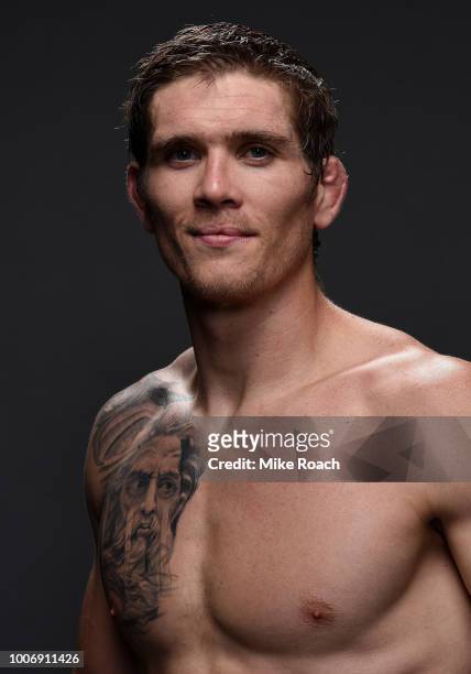 Jordan Mein of Canada poses for a portrait backstage after his victory over Alex Morono during the UFC Fight Night event at Scotiabank Saddledome on...