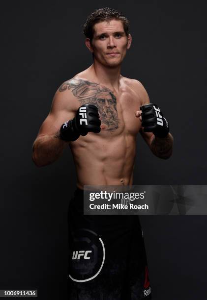 Jordan Mein of Canada poses for a portrait backstage after his victory over Alex Morono during the UFC Fight Night event at Scotiabank Saddledome on...