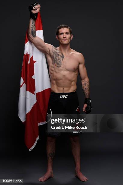 Jordan Mein of Canada poses for a portrait backstage after his victory over Alex Morono during the UFC Fight Night event at Scotiabank Saddledome on...