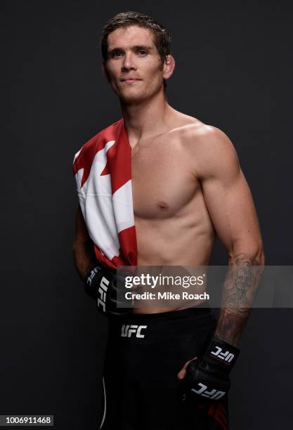 Jordan Mein of Canada poses for a portrait backstage after his victory over Alex Morono during the UFC Fight Night event at Scotiabank Saddledome on...