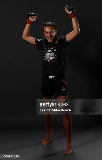 Joanna Jedrzejczyk of Poland poses for a portrait backstage after her victory over Tecia Torres during the UFC Fight Night event at Scotiabank...