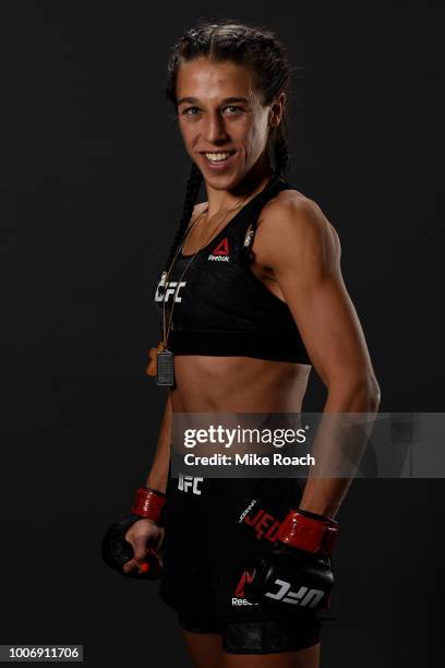 Joanna Jedrzejczyk of Poland poses for a portrait backstage after her victory over Tecia Torres during the UFC Fight Night event at Scotiabank...
