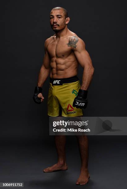 Jose Aldo of Brazil poses for a portrait backstage after his victory over Jeremy Stephens during the UFC Fight Night event at Scotiabank Saddledome...