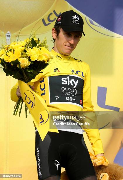 Geraint Thomas of Great Britain and Team Sky retains the yellow jersey of race's leader following stage 18 of Le Tour de France 2018 between...