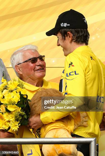 Raymond Poulidor greets Geraint Thomas of Great Britain and Team Sky who retains the yellow jersey of race's leader following stage 18 of Le Tour de...