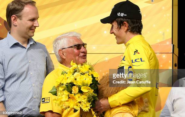 Raymond Poulidor greets Geraint Thomas of Great Britain and Team Sky who retains the yellow jersey of race's leader following stage 18 of Le Tour de...