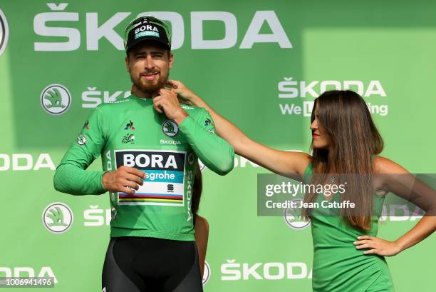 Peter Sagan of Slovakia and Team Bora-Hansgrohe retains the green jersey of best sprinter following stage 18 of Le Tour de France 2018 between...