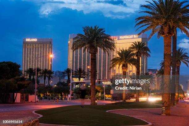 the strip and mandalay bay hotel and casino at night - mandalay bay resort & casino stock pictures, royalty-free photos & images