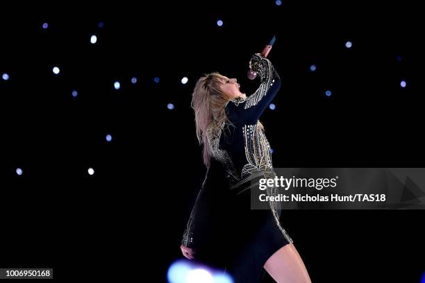 Taylor Swift performs onstage during the Taylor Swift reputation Stadium Tour at Gillette Stadium on July 28, 2018 in Foxborough, Massachusetts.