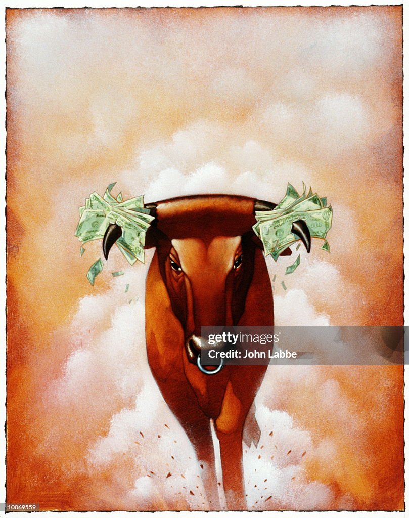 CHARGING BULL WITH MONEY ON HORNS