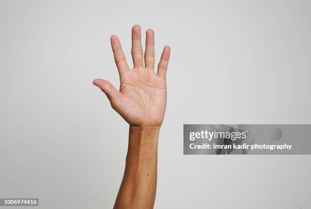 body part cropped hand in grey background - mano abierta fotografías e imágenes de stock