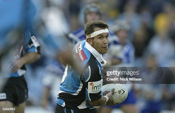 Matthew Johns of the Sharks in action during the Round 7 NRL Match between the Sharks and the Bulldogs being played at Toyota Park, Sydney, Australia...