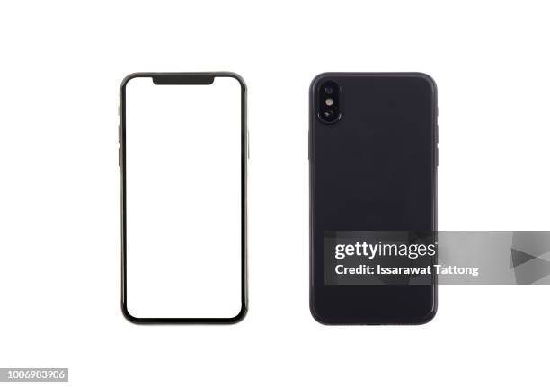 smartphone front and back perspective view isolated on white background - smartphones stock-fotos und bilder