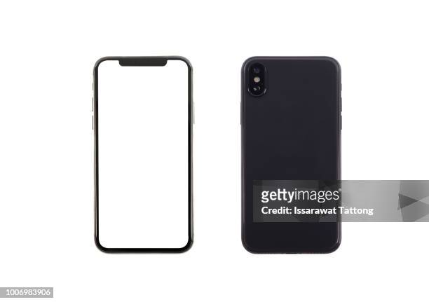 smartphone front and back perspective view isolated on white background - smartphones stockfoto's en -beelden