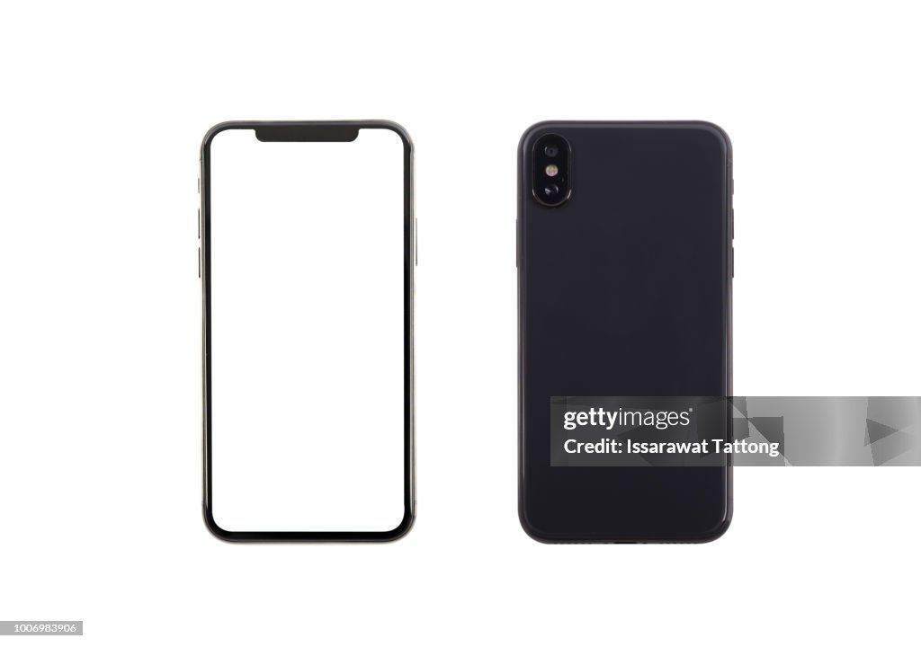 Smartphone front and back perspective view isolated on white background