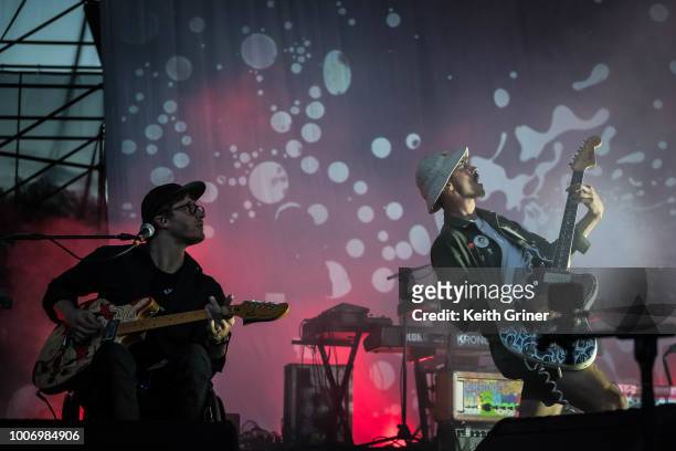 Eric Howk and John Gourley of Portugal. The Man performs at Farm Bureau Insurance Lawn at White River State Park on July 28, 2018 in Indianapolis,...