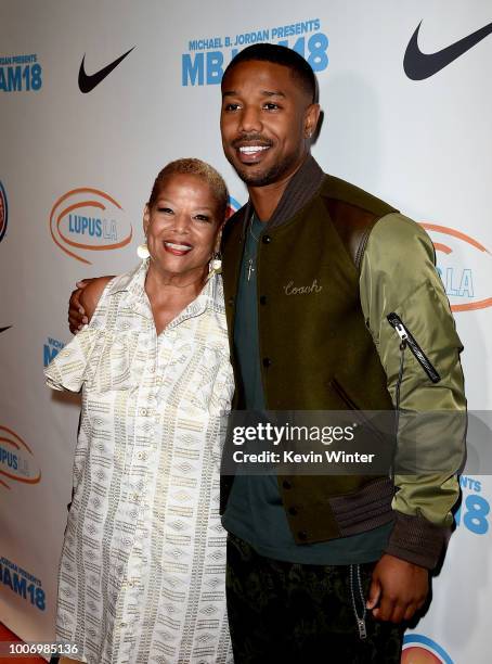 Actor Michael B. Jordan and his mother Donna Jordan attend the Michael B. Jordan and Lupus 2nd Annual LA MBJAM18 event at Dave and Busters on July...