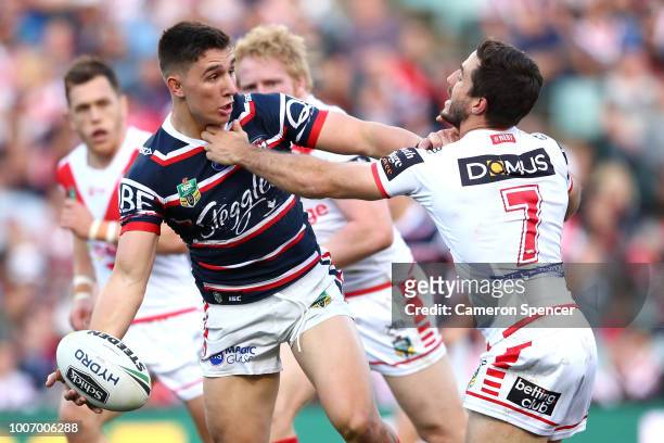 Victor Radley of the Roosters makes a break during the round 20 NRL match between the Sydney Roosters and the St George Illawarra Dragons at Allianz...
