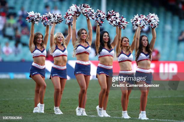 Roosters cheerleaders perform during the round 20 NRL match between the Sydney Roosters and the St George Illawarra Dragons at Allianz Stadium on...