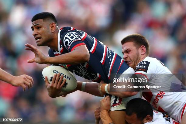 Daniel Tupou of the Roosters is tackled during the round 20 NRL match between the Sydney Roosters and the St George Illawarra Dragons at Allianz...