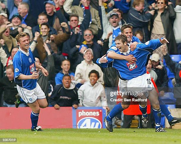 Bryan Hughes of Birmingham celebrates after scoring the opening goal during the Nationwide Division One play-off Semi-final first leg match between...