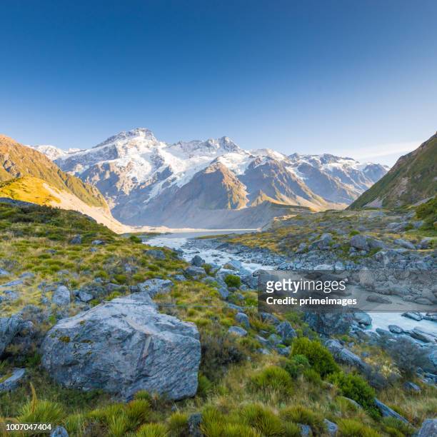 new zealand scenic mountain landscape at mount cook  at summer - mt cook stock pictures, royalty-free photos & images