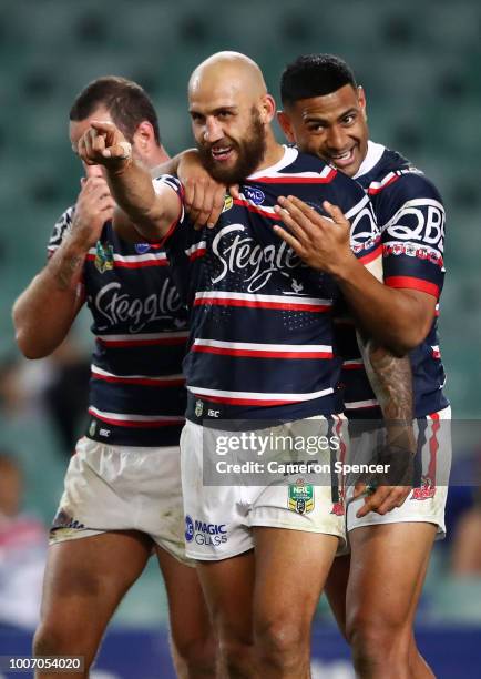 Blake Ferguson of the Roosters celebrates scoring a try during the round 20 NRL match between the Sydney Roosters and the St George Illawarra Dragons...