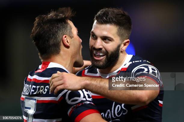 James Tedesco of the Roosters celebrates scoring a try during the round 20 NRL match between the Sydney Roosters and the St George Illawarra Dragons...