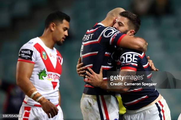 James Tedesco of the Roosters celebrates scoring a try during the round 20 NRL match between the Sydney Roosters and the St George Illawarra Dragons...