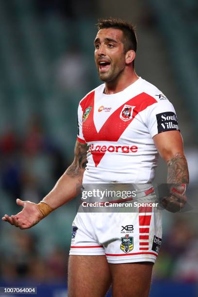 Paul Vaughan of the Dragons reacts during the round 20 NRL match between the Sydney Roosters and the St George Illawarra Dragons at Allianz Stadium...